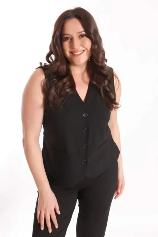 Büyük Beden Düğme Detaylı Siyah Yelek - 5