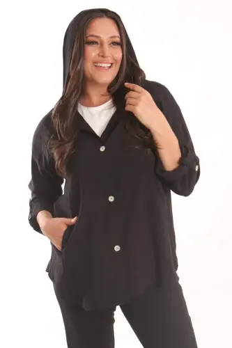 Büyük Beden Kapüşon ve Düğme Detaylı Siyah Trençkot - 3