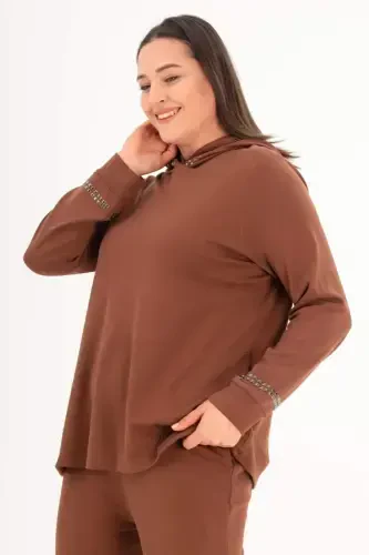 Trend42plus Büyük Beden Kapüşon Yaka Sweat Pantolon Kahverengi Takım - 2