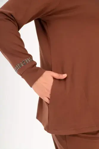 Trend42plus Büyük Beden Kapüşon Yaka Sweat Pantolon Kahverengi Takım - 4