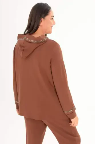 Trend42plus Büyük Beden Kapüşon Yaka Sweat Pantolon Kahverengi Takım - 5