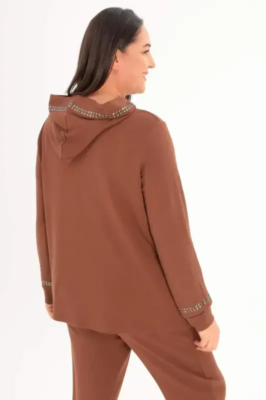 Trend42plus Büyük Beden Kapüşon Yaka Sweat Pantolon Kahverengi Takım - 5