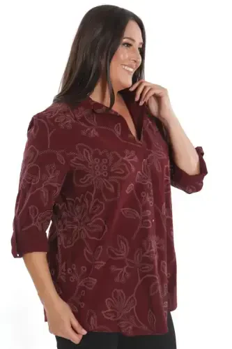 Trend42plus Büyük Beden Kendinden Desenli Bordo Gömlek - 5