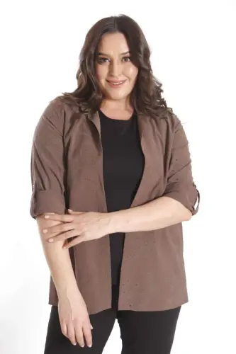 Angelino Büyük Beden Kendinden Desenli Kahverengi İkili Takım - 5