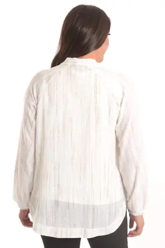 Angelino Büyük Beden Kumaşı Çizgili Kolları Lastikli Oversize Ekru Ceket - 5