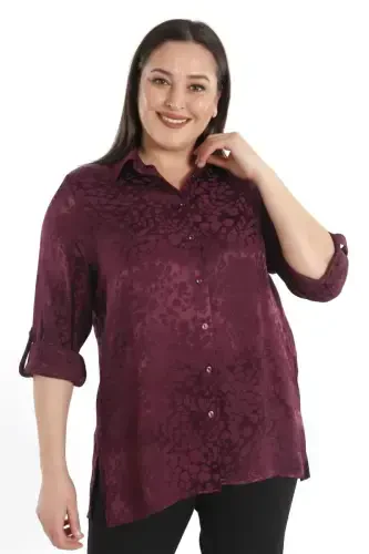 Trend42plus Büyük Beden Leopar Desenli Floş Mürdüm Viskoz Gömlek - 7