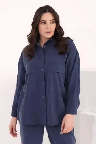 Angelino Büyük Beden Oversize Süs Cep Detaylı İndigo Gömlek Pantolon Takım - 5
