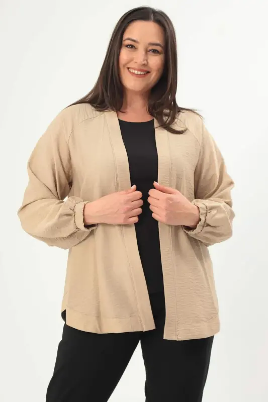 Trend42plus Büyük Beden Sırt Taş Baskılı Oversize Vizon Ceket - 3