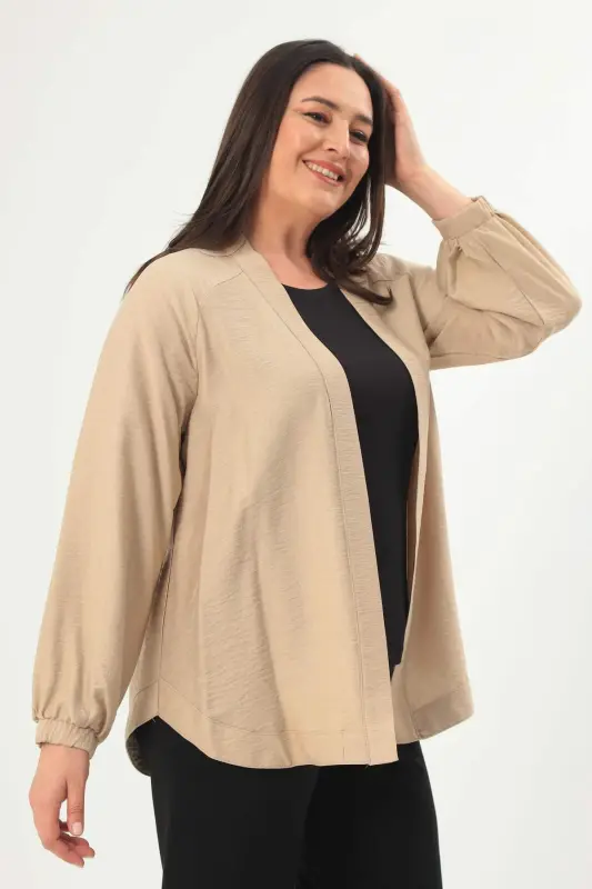 Trend42plus Büyük Beden Sırt Taş Baskılı Oversize Vizon Ceket - 4