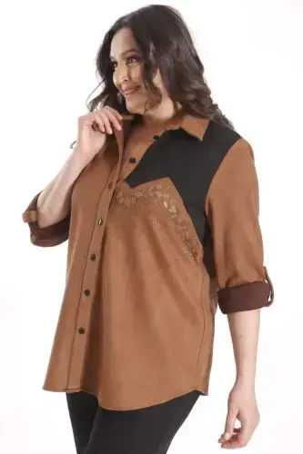 Trend42plus Büyük Beden Süet Taş Baskılı Camel Gömlek - 3