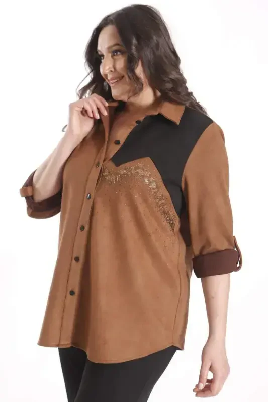 Trend42plus Büyük Beden Süet Taş Baskılı Camel Gömlek - 3