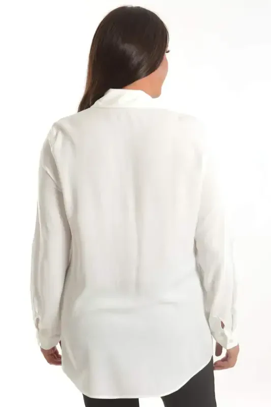 Büyük Beden Taş Baskı Detaylı Dokuma Ekru Gömlek - 6