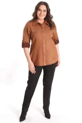 Trend42plus Büyük Beden Taş Baskılı Süet Camel Gömlek - BÜYÜKBEDENIZ (1)