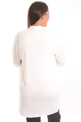 Trend42plus Katta hajmdagi oʻrik rangli doira naqshli tosh bosma uzun kardigan - 4