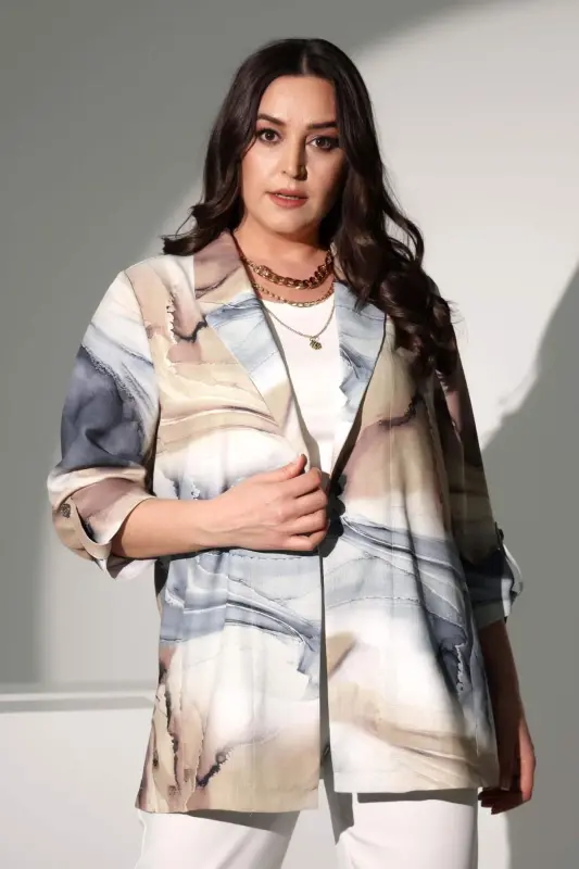 Trend42plus Katta Hajmli Batik Naqshli Kruvaze Yoqali Kulrang Pidjak - BÜYÜKBEDENIZ