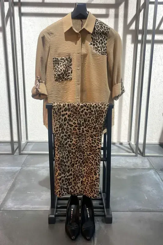 Trend42plus Katta Hajmli Bezak Cho'ntakli Leopard K bordadosli Camel Ko'ylak - BÜYÜKBEDENIZ