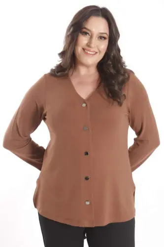 Trend42plus Katta Hajmli Chiq Chiq Tugmachali Jigarrang Kardigan - 6