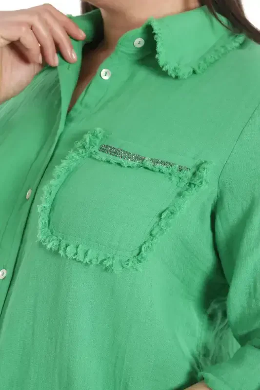 Trend42plus Katta Hajmli Cho'ntak Tosh Bosma Yubka Sochli Muslin Yashil Ko'ylak - 6