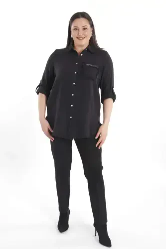 Trend42plus Katta Hajmli Cho'ntak Tosh Bosmali Etek Sochli Muslin Qora Ko'ylak - BÜYÜKBEDENIZ (1)