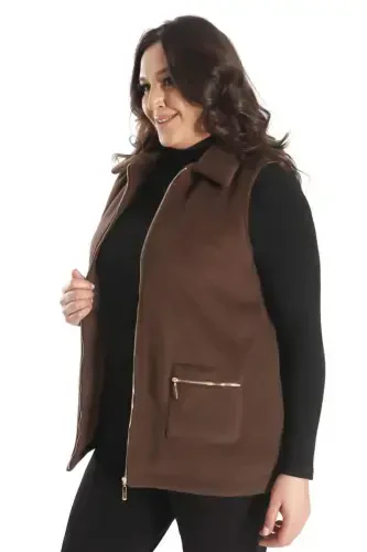 Trend42plus Katta Hajmli Fermuarli Cho'ntak Tafsilotli Kashemir Jigarrang Nimcha - 3