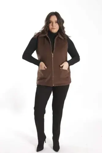 Trend42plus Katta Hajmli Fermuarli Cho'ntak Tafsilotli Kashemir Jigarrang Nimcha - 4