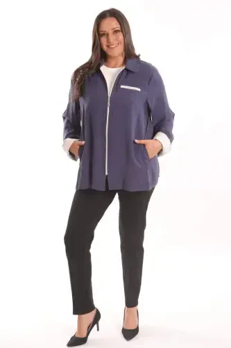 Trend42plus Katta hajmli fermuarli katta hajmli indigo trenchkot - BÜYÜKBEDENIZ (1)