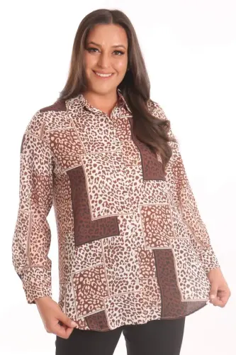 Trend42plus Katta hajmli jigarrang leopard naqshli digital bosma ko'ylak - 1