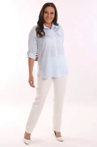 Trend42plus Katta Hajmli Ko'k Tosh Bosma Batik Ko'ylak - 4