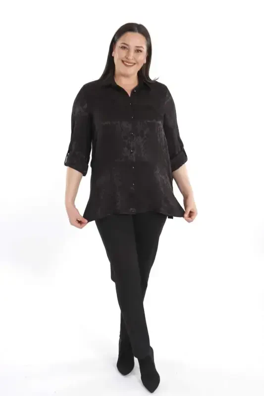 Trend42plus Katta Hajmli Leopard Naqshli Flaş Qora Viskoza Ko'ylak - 3