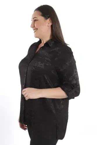 Trend42plus Katta Hajmli Leopard Naqshli Flaş Qora Viskoza Ko'ylak - 5