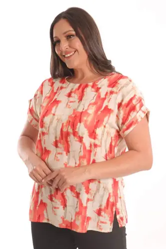 Trend42plus Katta hajmli marjon batik naqshli past qo'lli bluzka - 1