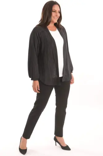 Trend42plus Katta hajmli mato chiziqli yenglari elastik oversize qora kurtka - 1