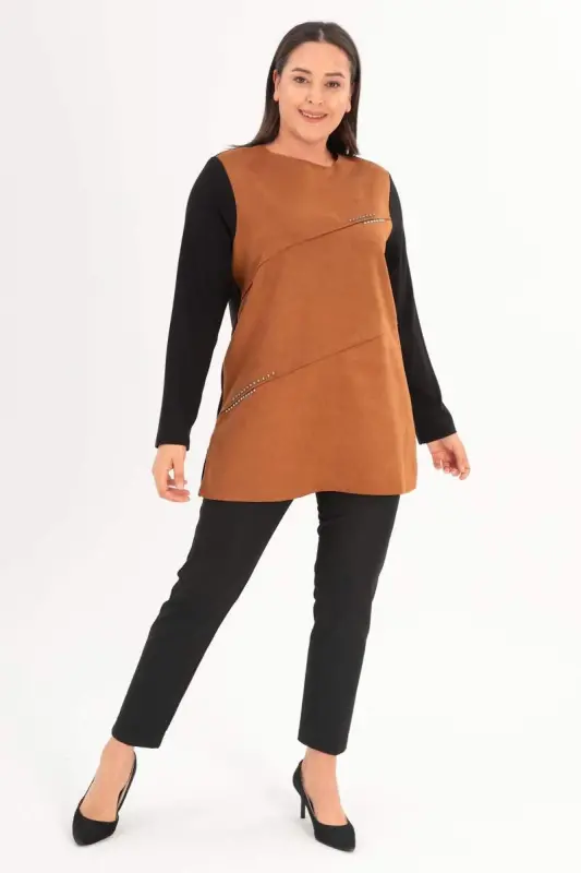 Trend42plus Katta Hajmli Old Zamsh Trok Bosmali Jigarrang Tunik - 2