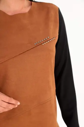 Trend42plus Katta Hajmli Old Zamsh Trok Bosmali Jigarrang Tunik - 4