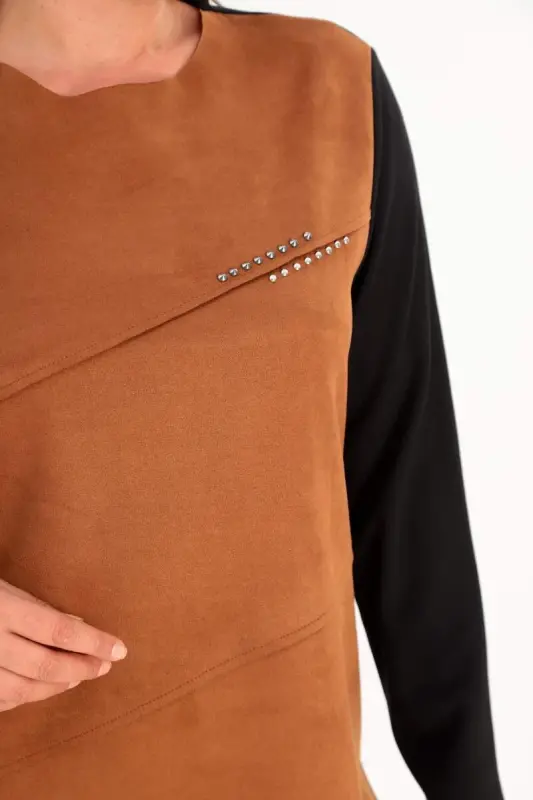 Trend42plus Katta Hajmli Old Zamsh Trok Bosmali Jigarrang Tunik - 4