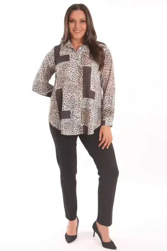 Trend42plus Katta Hajmli Qora Leopard Naqshli Digital Bosma Ko'ylak - 4