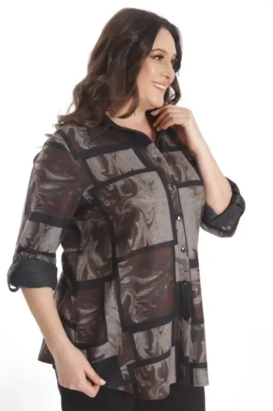 Trend42plus Katta hajmli raqamli bosma charm yoqali jigarrang ko'ylak - 3