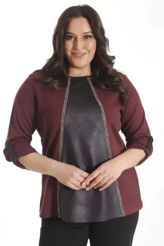 Trend42plus Katta Hajmli Teri Parchali Tosh Chiziqli Bordo Bluz - 5
