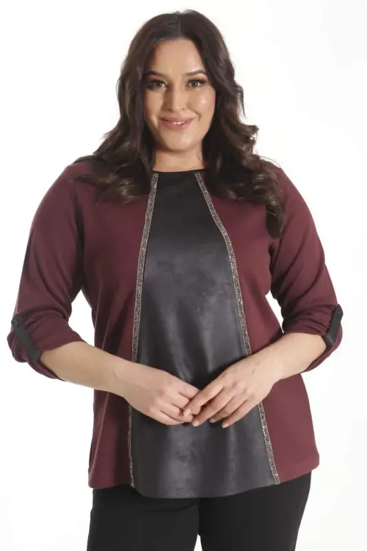 Trend42plus Katta Hajmli Teri Parchali Tosh Chiziqli Bordo Bluz - 5