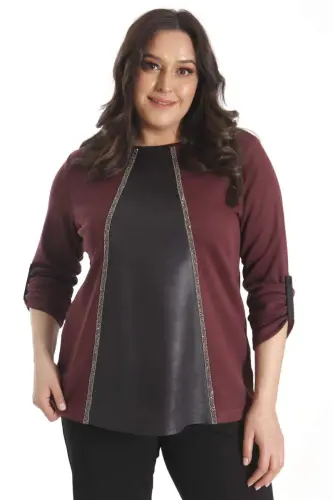 Trend42plus Katta Hajmli Teri Parchali Tosh Chiziqli Bordo Bluz - 6
