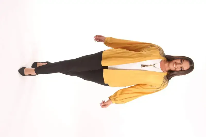 Trend42plus Katta hajmli xalat tosh bosma naqshli keng bichimli xantal rangli kurtka - 2