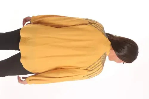 Trend42plus Katta hajmli xalat tosh bosma naqshli keng bichimli xantal rangli kurtka - 6