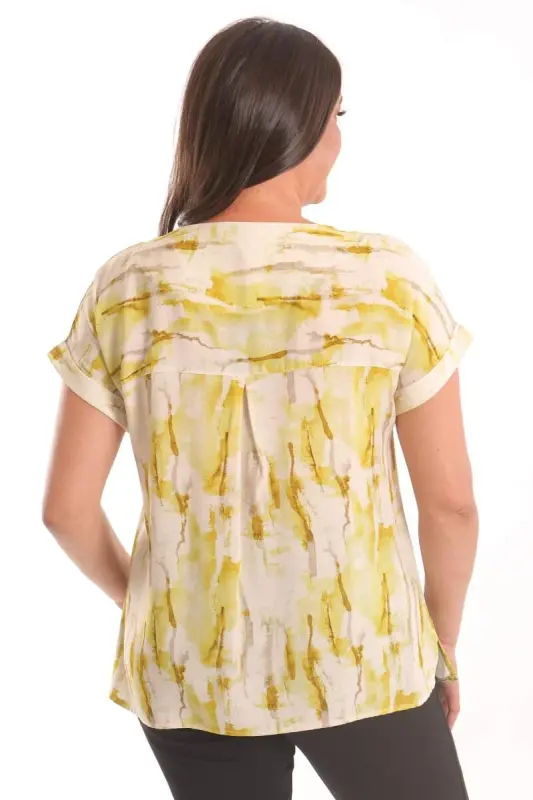 Trend42plus Katta Hajmli Yog‘ Yashil Batik Naqshli Past Qo‘lli Bluz - 6