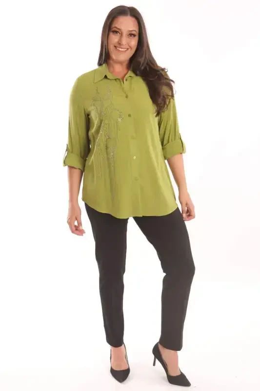 Trend42plus Katta Hajmli Yog‘li Yashil Tosh Bosmali To‘quv Ko‘ylak - 2