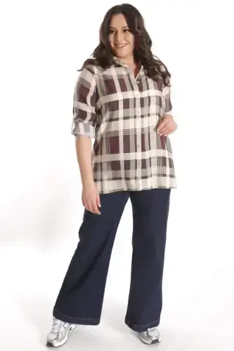 Trend42plus Katta Katta Ekose Naqshli Bordo Ko'ylak - 4