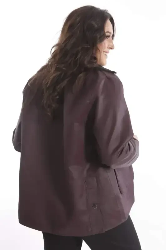 Trend42plus Katta Katta Kadife Yoqali Chiq Chiq Tugma Tafsilotli Bordo Palto - 7