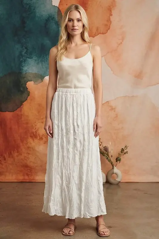 Trend42plus Katta o'lchamli, bel qismi rezinali, oq rangli uzun Crush yubka - BÜYÜKBEDENIZ