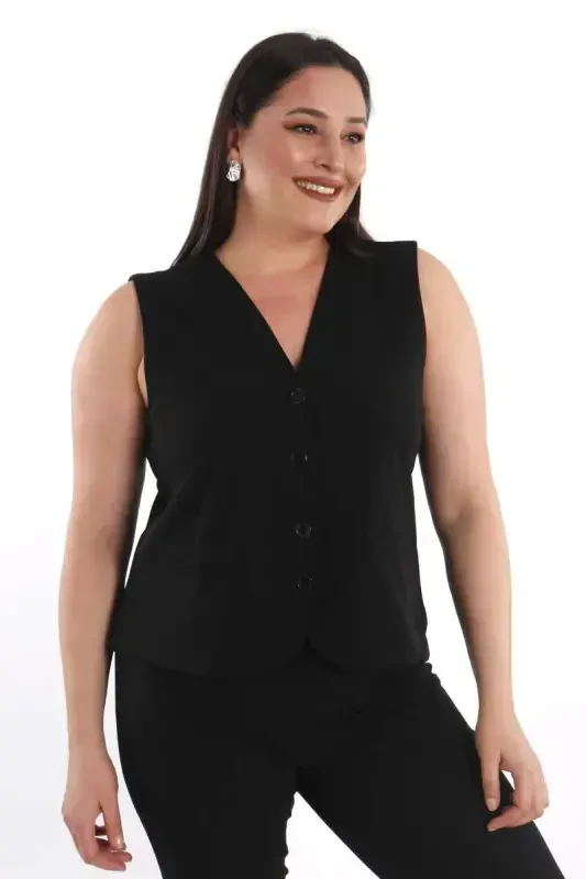 Trend42plus Katta O'lchamli Tugma Tafsilotli Qora Yelek - 3