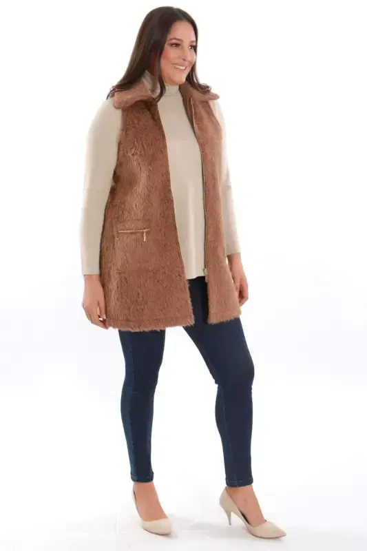 Trend42plus Katta qilingan fermuar va cho'ntak detallari jigarrang mo'ynali jilet - 3