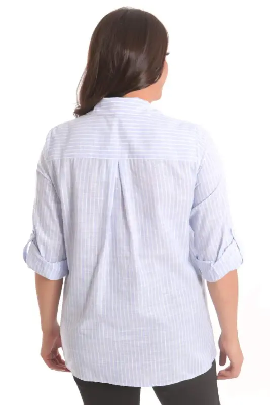 Trend42plus Katta Ur Hajmli Moviy Cho'ntakli Tosh Bosma Chiziqli Ko'ylak - 5